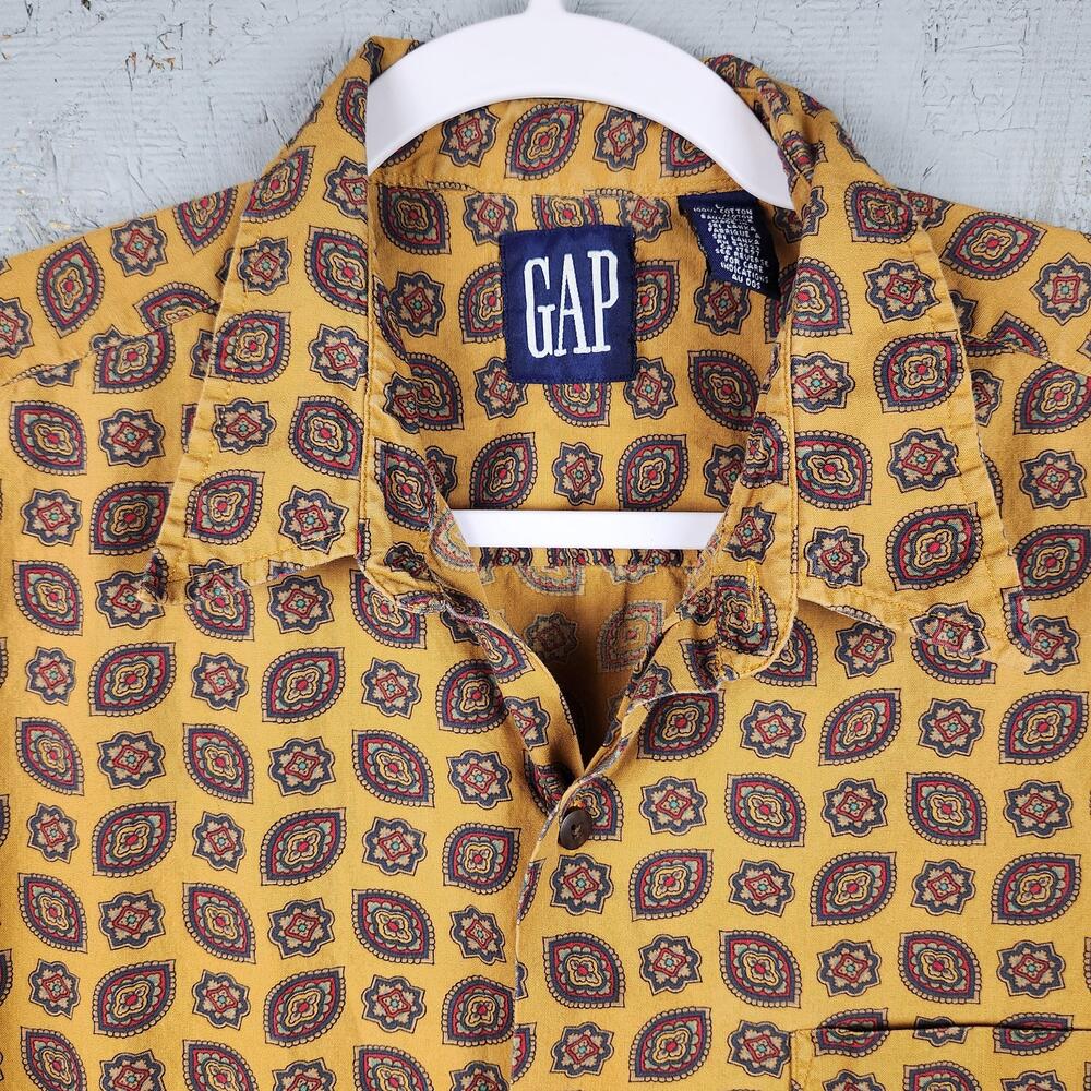 Vintage Gap Shirt Mens Large Yellow Paisley Medallion Print Button Pocket Y2k